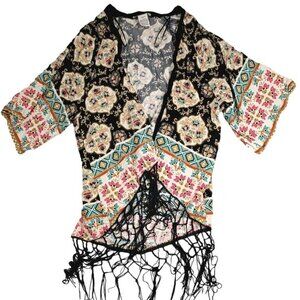 Flying‎ Tomato Cardigan XS Boho Open Front Bell Sleeve Fringe Hem
